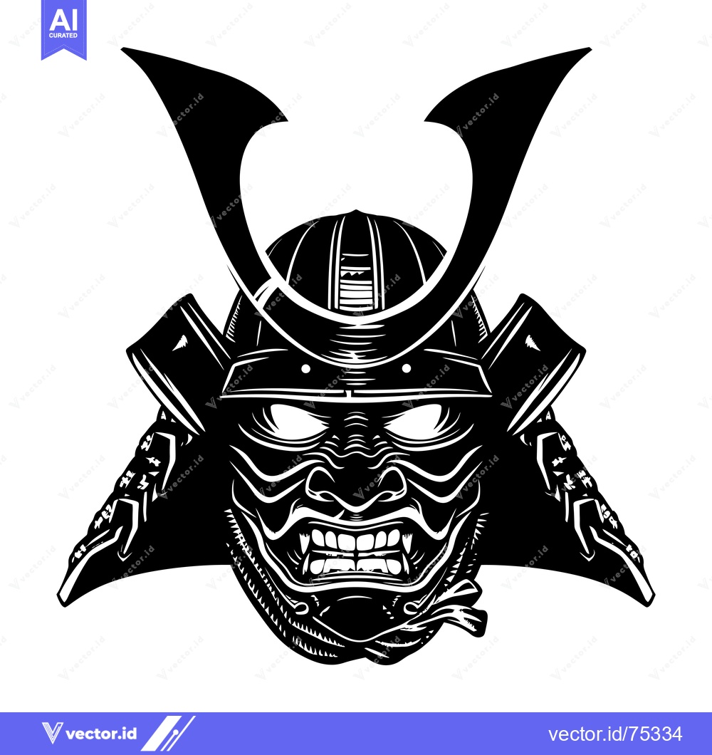 Premium Vector dari Black and white illustration of a samurai warrior's helmet and face ma