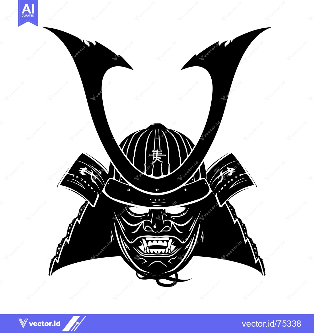 Premium Vector of Black and White Illustration of a Japanese Samurai Warrior's Helmet an