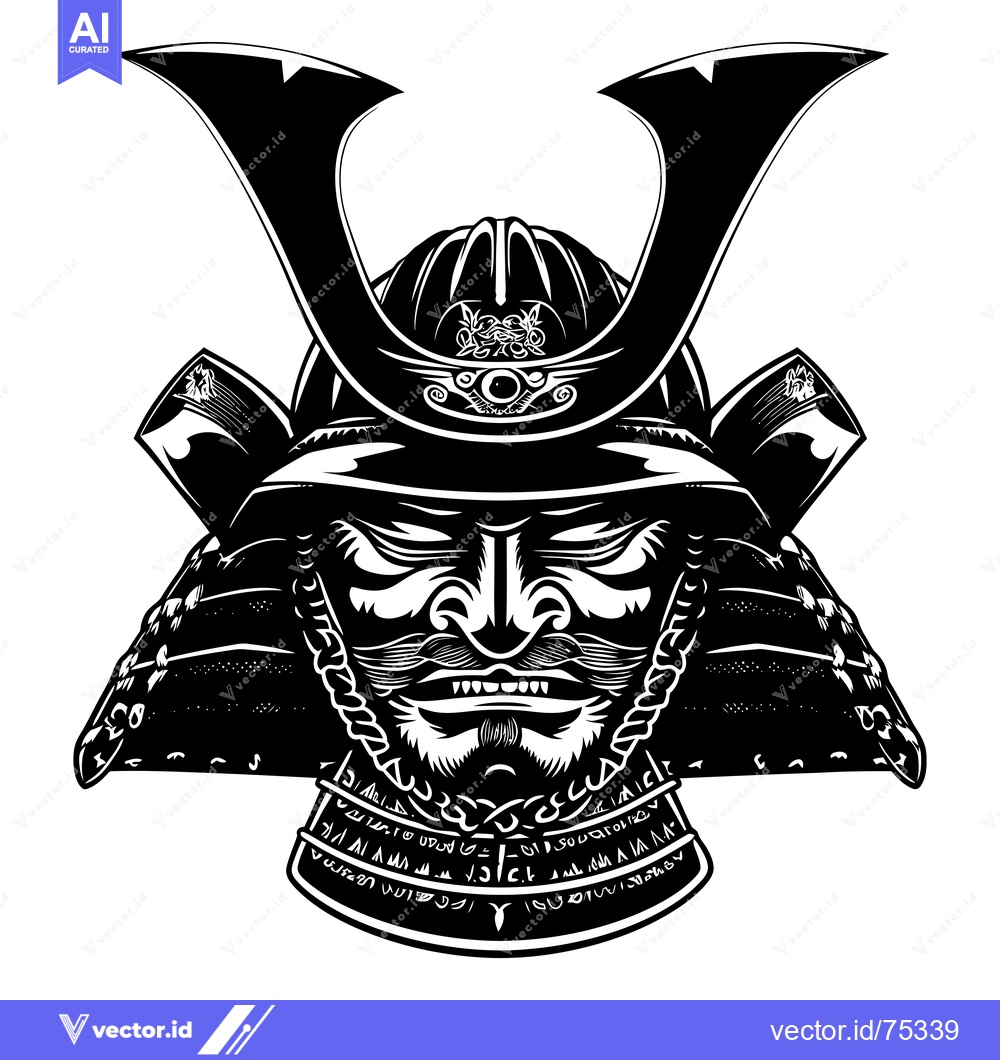 Premium Vector of Black and White Illustration of a Samurai Warrior's Face and Helmet