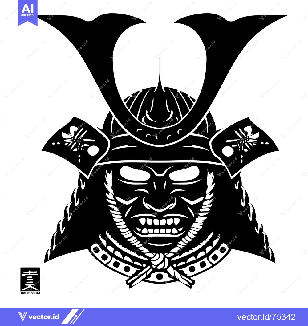 Premium Vector dari Black and White Illustration of a Japanese Samurai Warrior's Helmet an