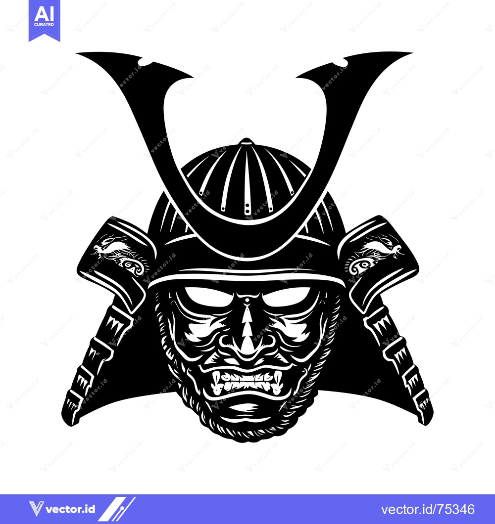 Premium Vector dari A Black and White Illustration of a Samurai Warrior's Helmet and Face