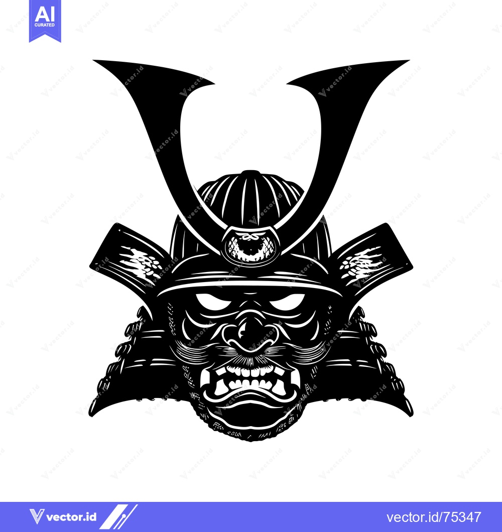 Premium Vector of Black and white illustration of a samurai warrior's face with helmet