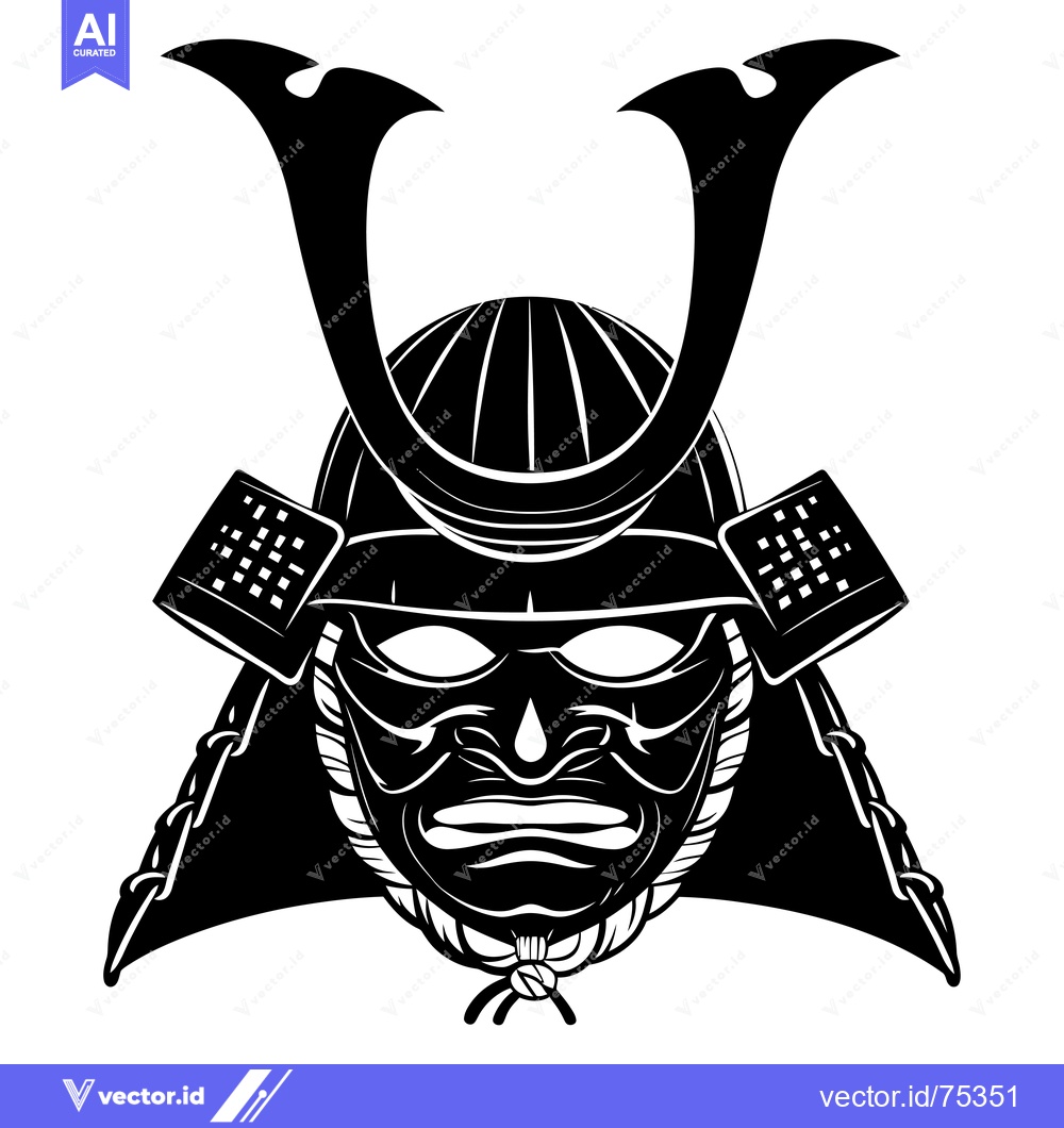Premium Vector of Black and White Illustration of a Samurai Helmet and Mask