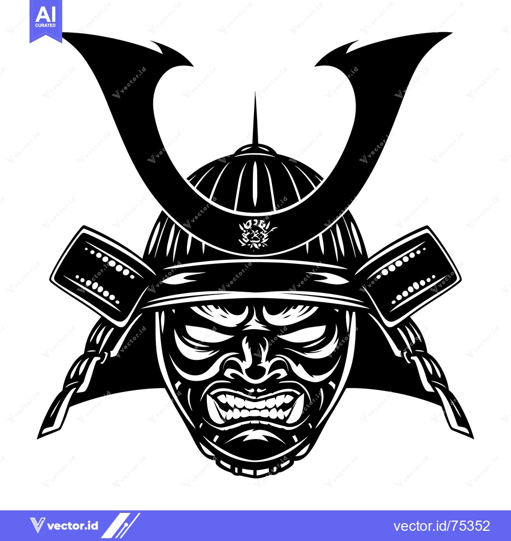 Premium Vector of Black and white illustration of a samurai warrior's helmet and face