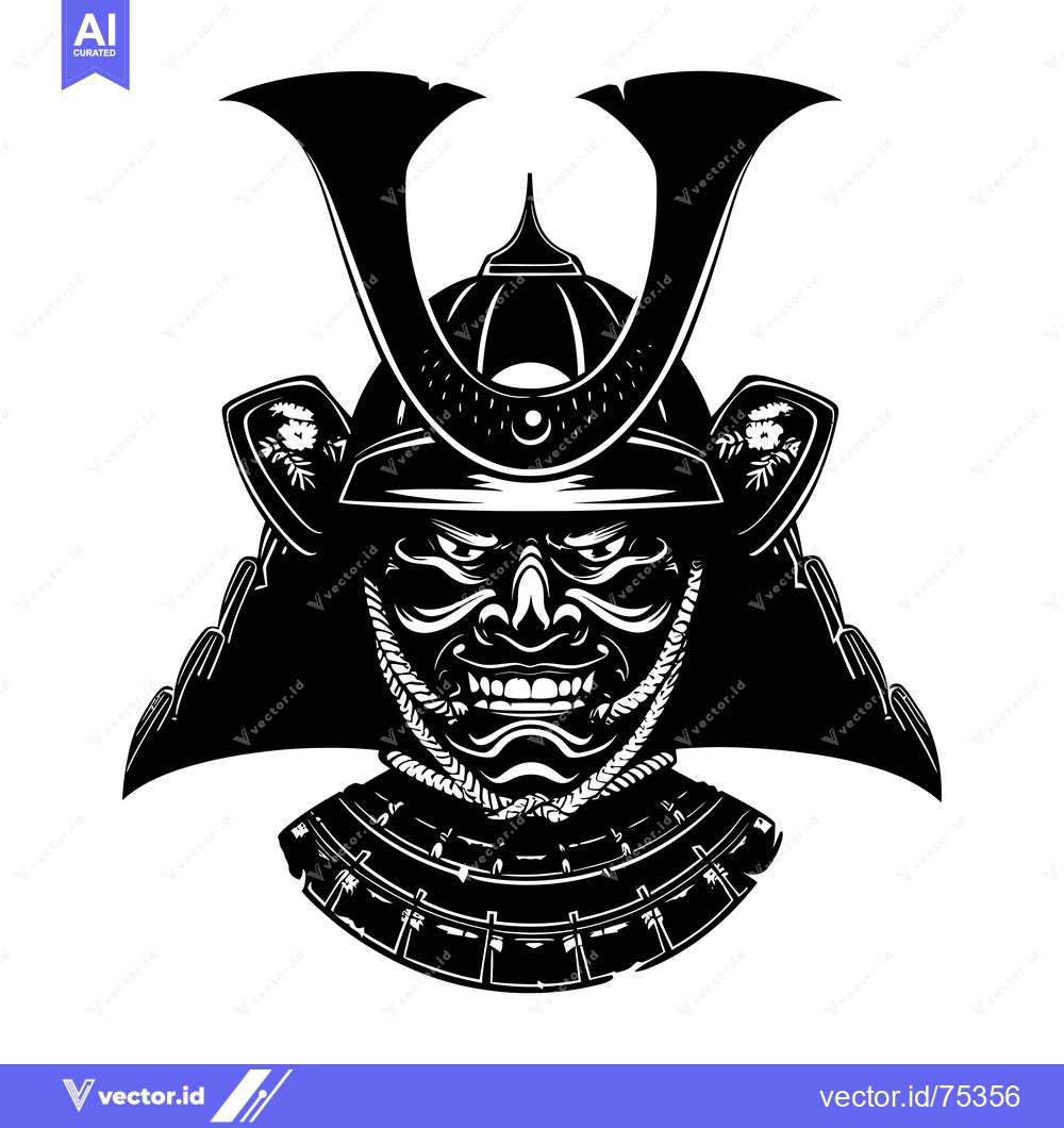 Premium Vector dari Black and White Illustration of a Samurai Warrior's Head with Helmet a