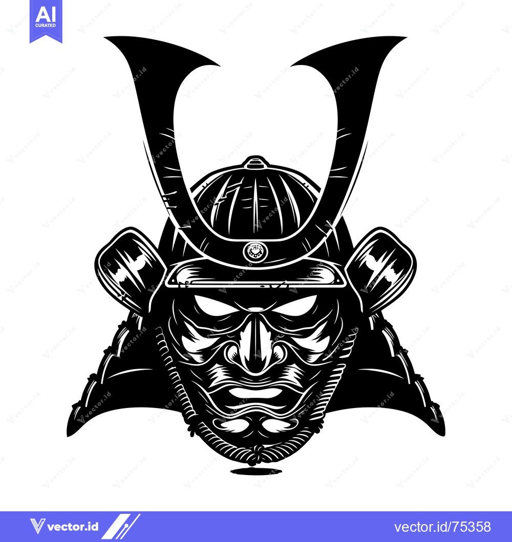 Premium Vector dari Black and White Illustration of a Samurai Warrior's Face with Helmet