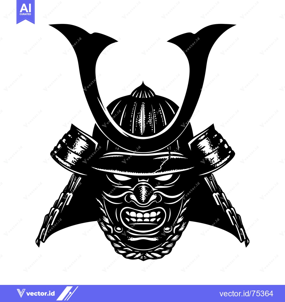 Premium Vector of Black and White Illustration of a Samurai Warrior's Face with Helmet