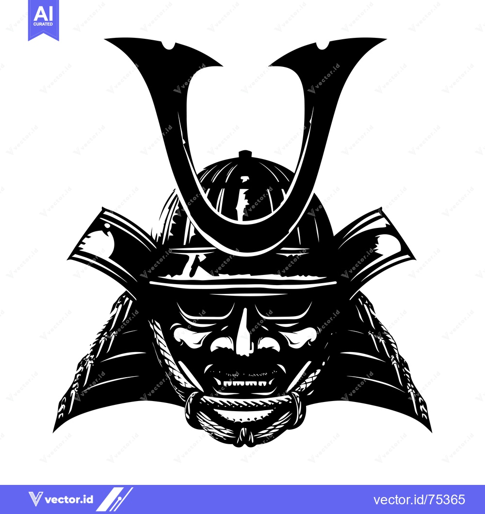 Premium Vector of Black and White Illustration of a Samurai Warrior's Helmet and Face