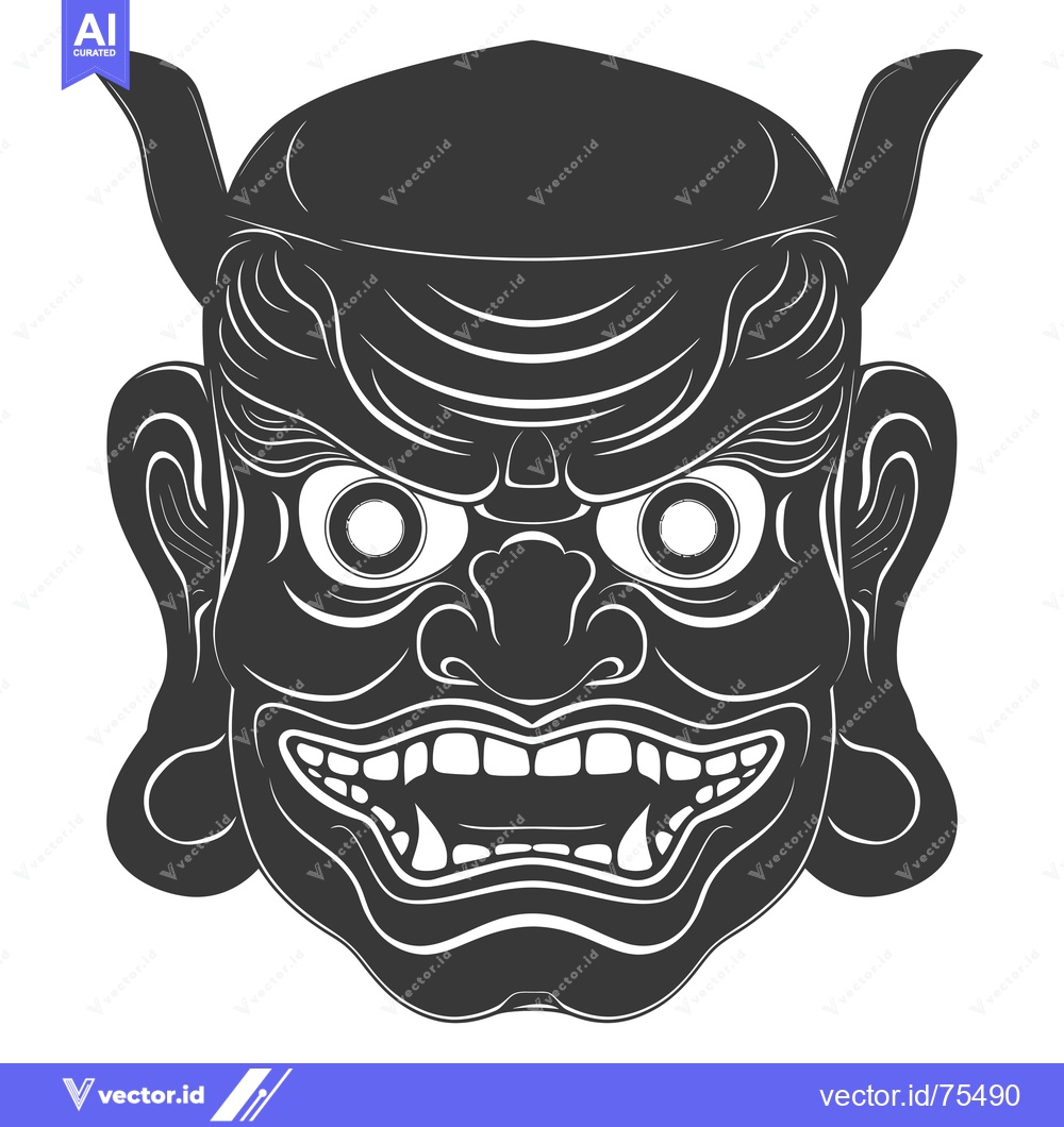 Premium Vector of Black and White Illustration of a Japanese Oni Mask