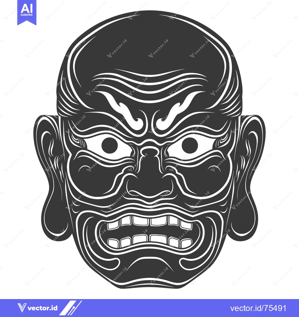 Premium Vector of Black and White Illustration of a Japanese Oni Mask with Fangs