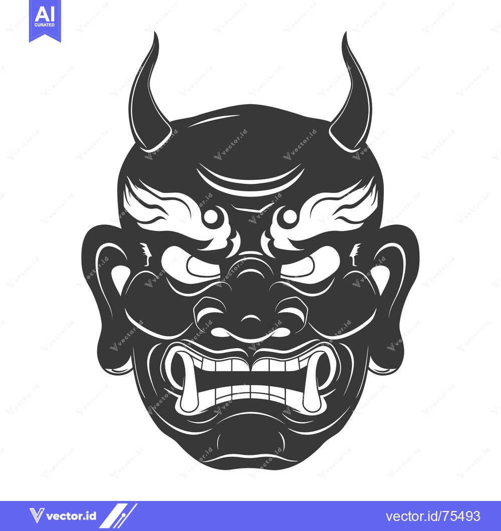 Premium Vector dari Black and White Illustration of a Japanese Oni Mask with Horns and Fan
