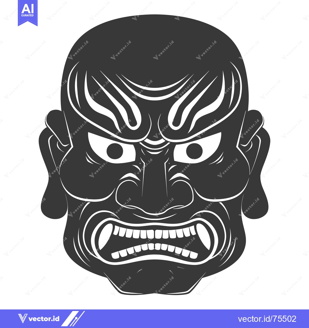 Premium Vector dari Black and White Illustration of a Japanese Oni Mask with Fangs and Gla