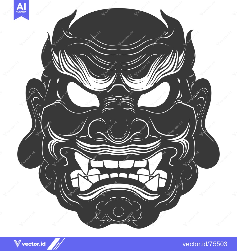 Premium Vector dari Black and White Illustration of a Japanese Oni Mask with Fangs