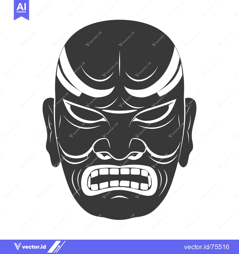 Premium Vector dari Black and White Illustration of a Japanese Oni Mask with Fangs