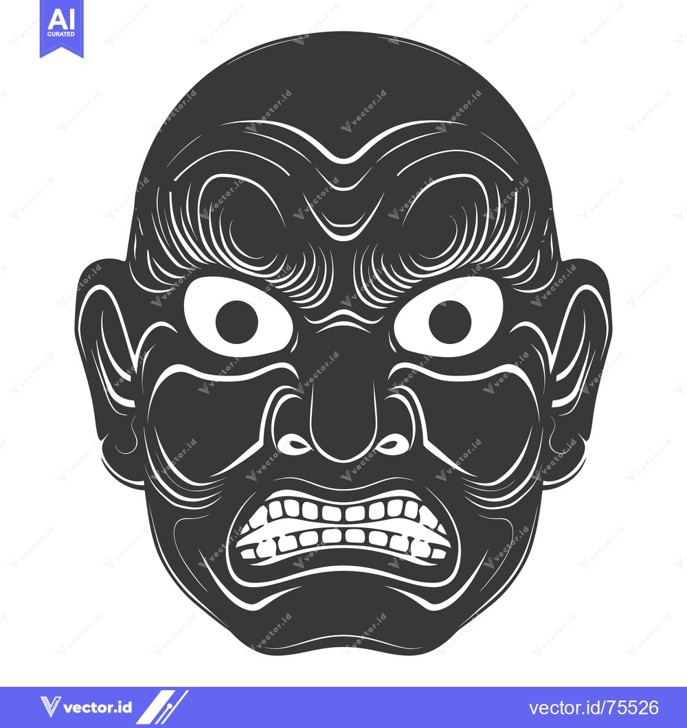Premium Vector dari Black and White Illustration of a Japanese Oni Mask with Ferocious Exp
