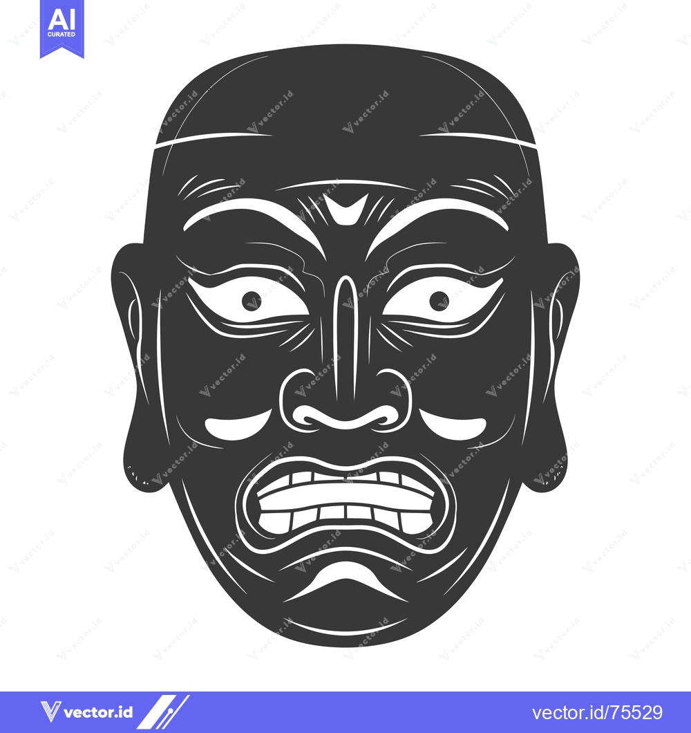 Premium Vector of Black and White Illustration of a Traditional Japanese Oni Mask with a