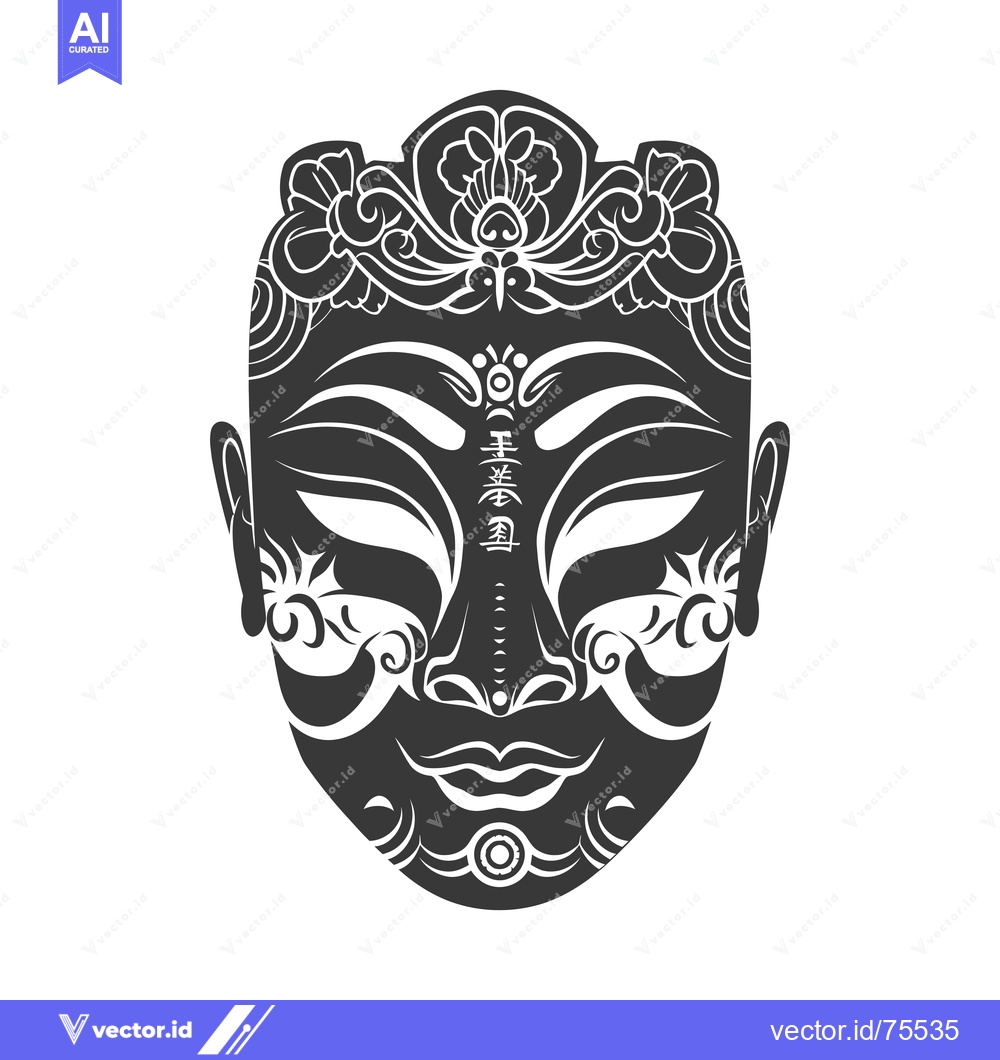 Premium Vector of Intricately Designed Black and White Asian Mask with Floral Headpiece