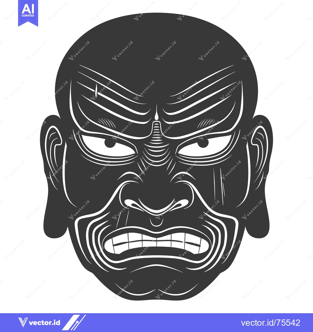 Premium Vector dari Black and White Illustration of a Japanese Oni Mask with a Frowning Ex