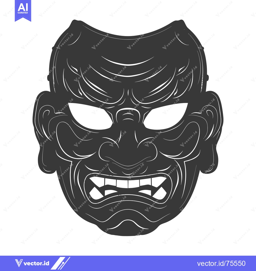 Premium Vector dari Black and White Illustration of a Japanese Oni Mask with Fangs and Wri