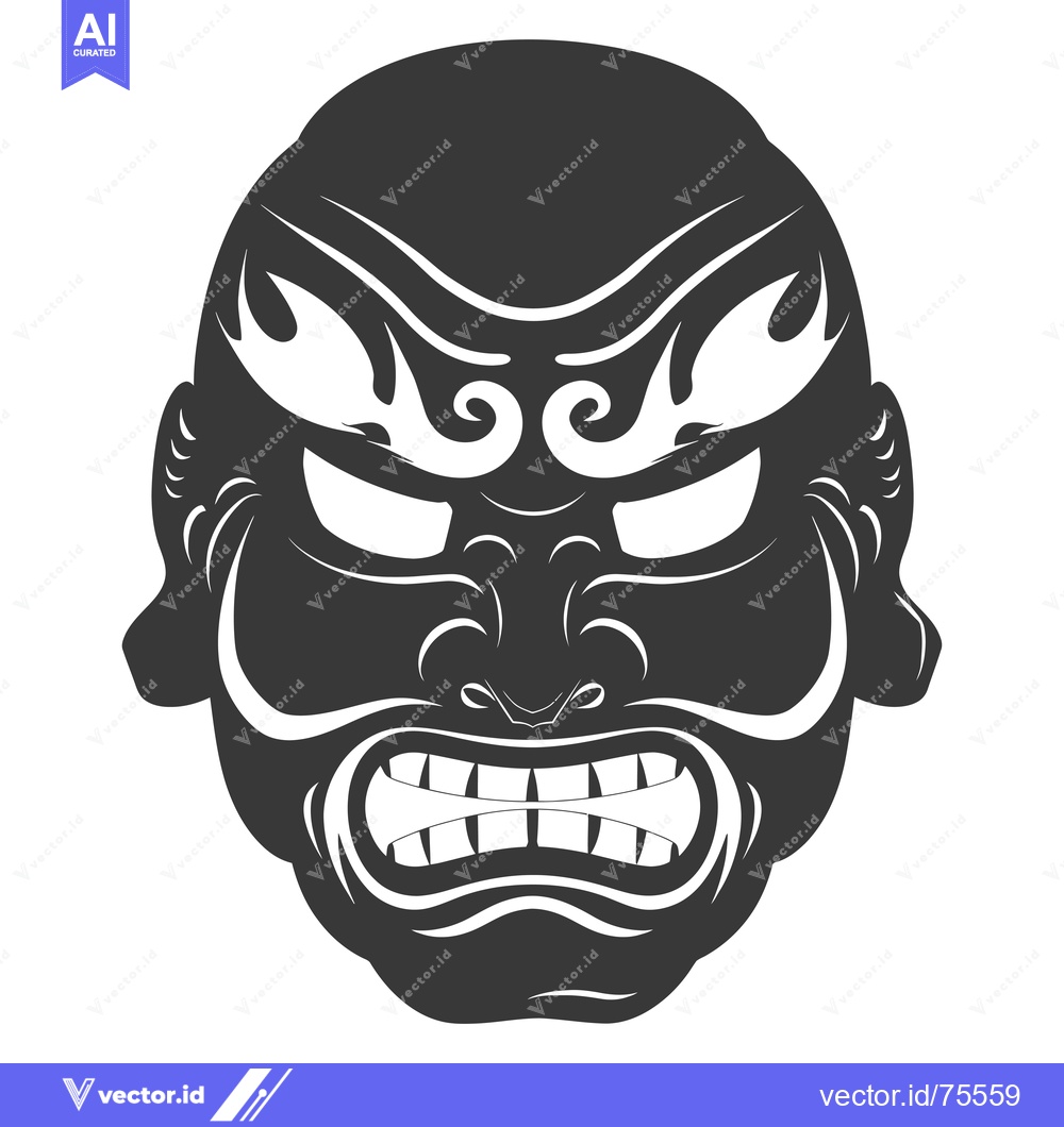 Premium Vector dari Black and White Illustration of a Traditional Japanese Mask with a Fro