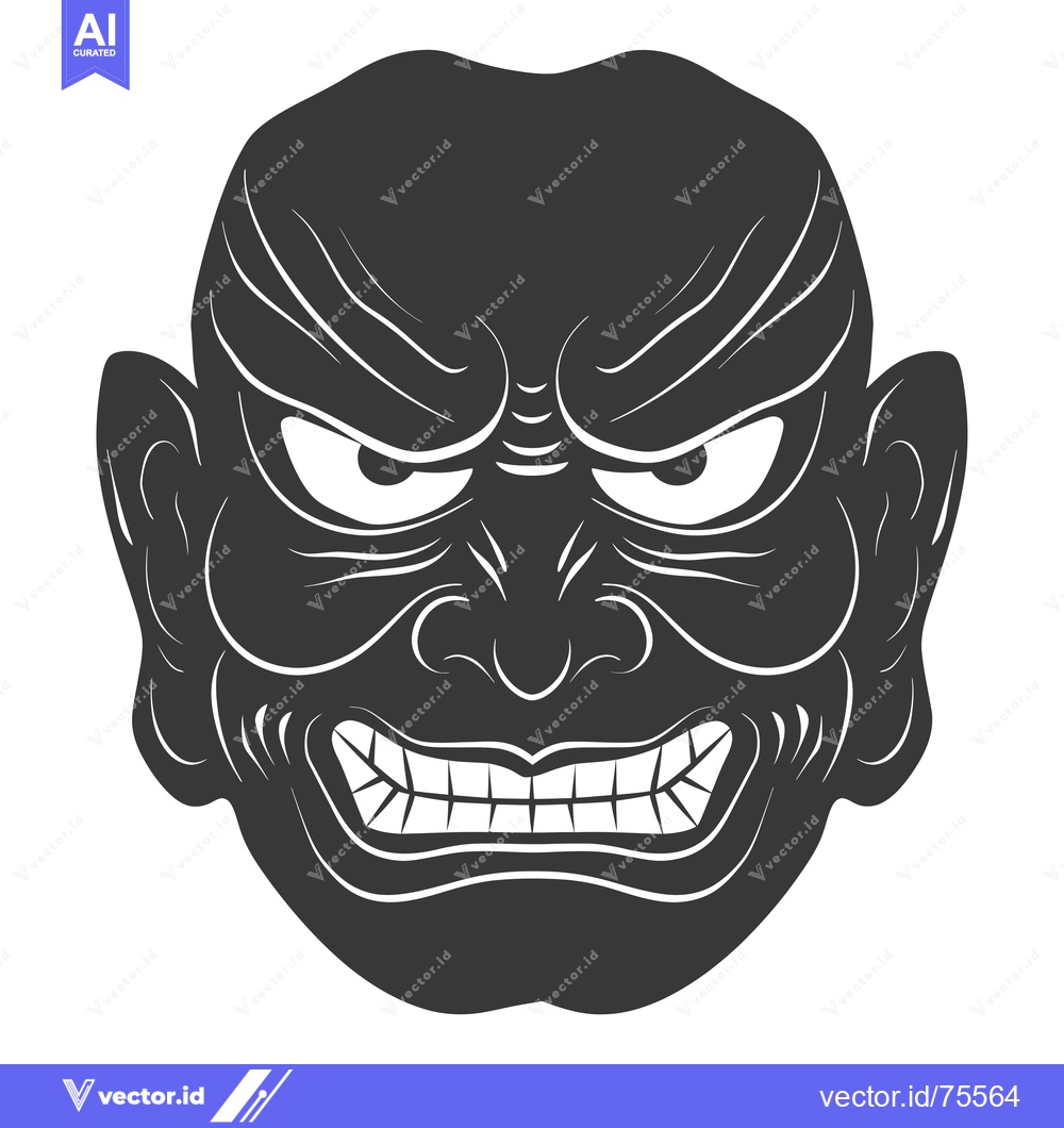 Premium Vector dari Black and White Illustration of an Angry Japanese Demon Mask