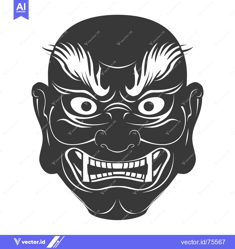 Premium Vector of Black and White Illustration of a Traditional Japanese Oni Mask