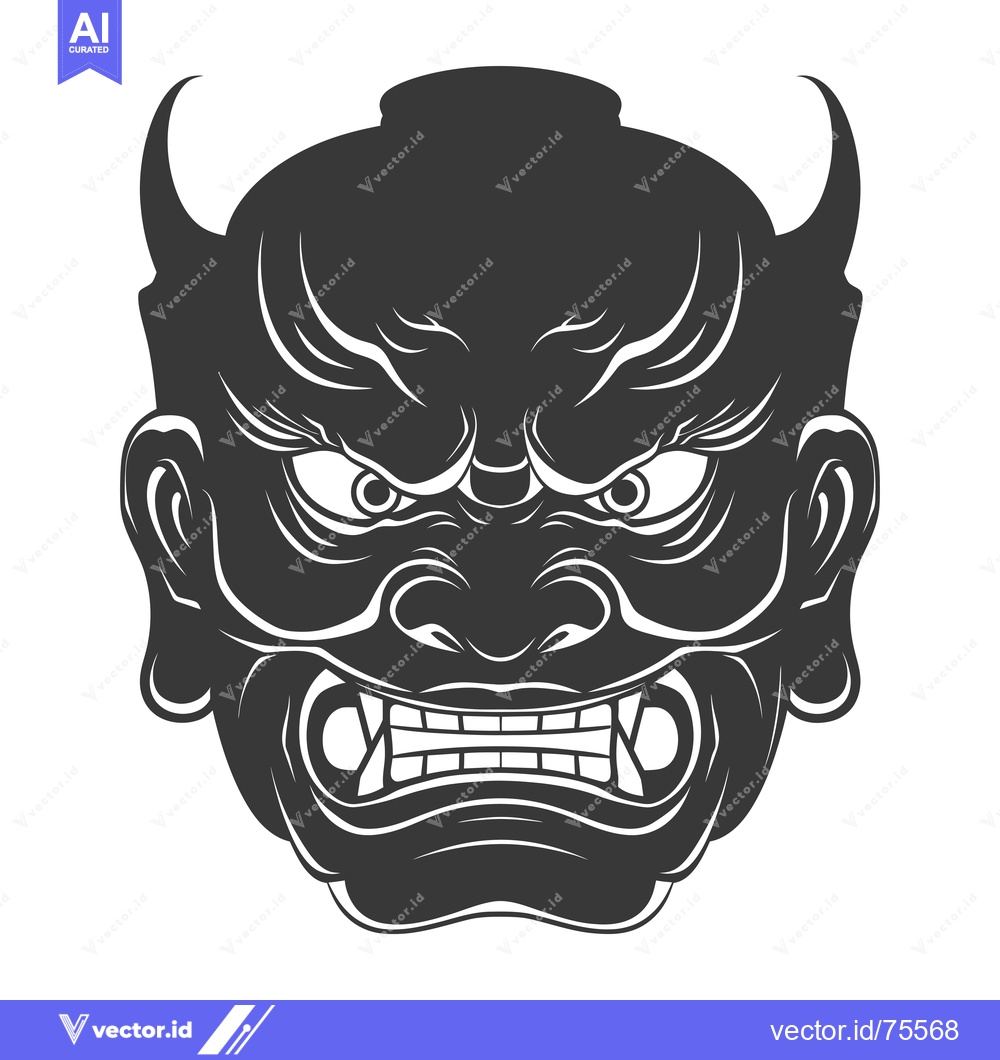 Premium Vector of Black and White Illustration of a Japanese Oni Mask with Horns and Fan
