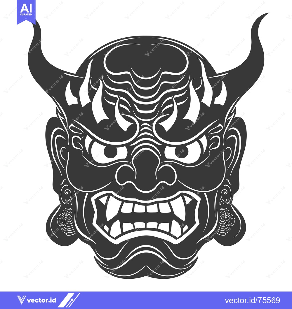 Premium Vector of Black and White Illustration of a Japanese Oni Demon Mask