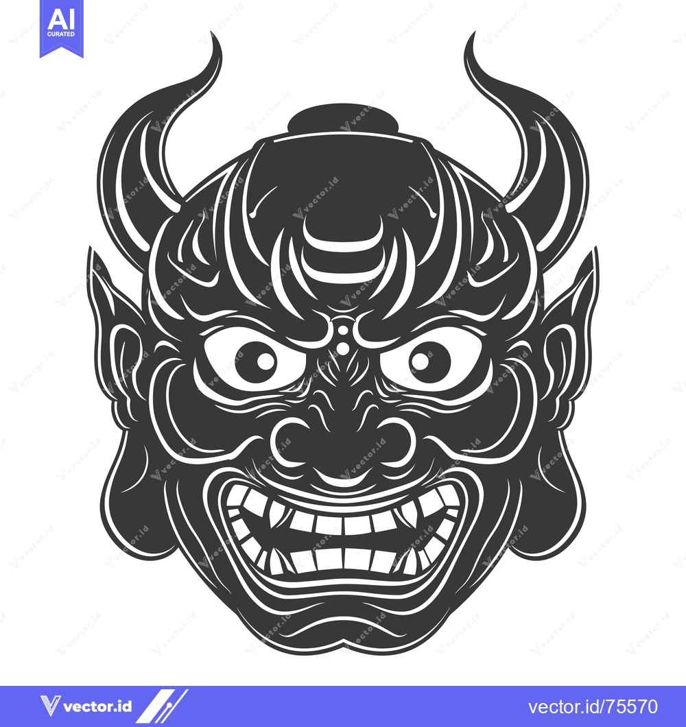 Premium Vector of A Detailed Black and White Illustration of a Japanese Oni Mask