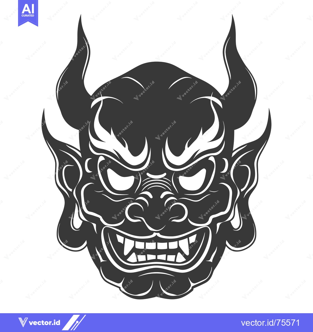 Premium Vector of Black and White Illustration of a Japanese Oni Mask