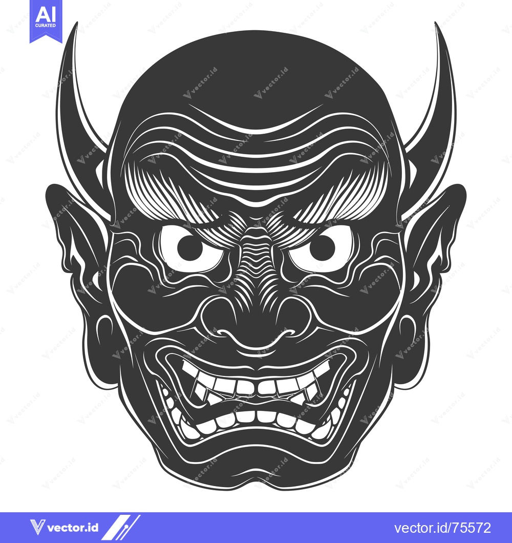Premium Vector of A Monochrome Illustration of a Traditional Japanese Oni Mask with Horn
