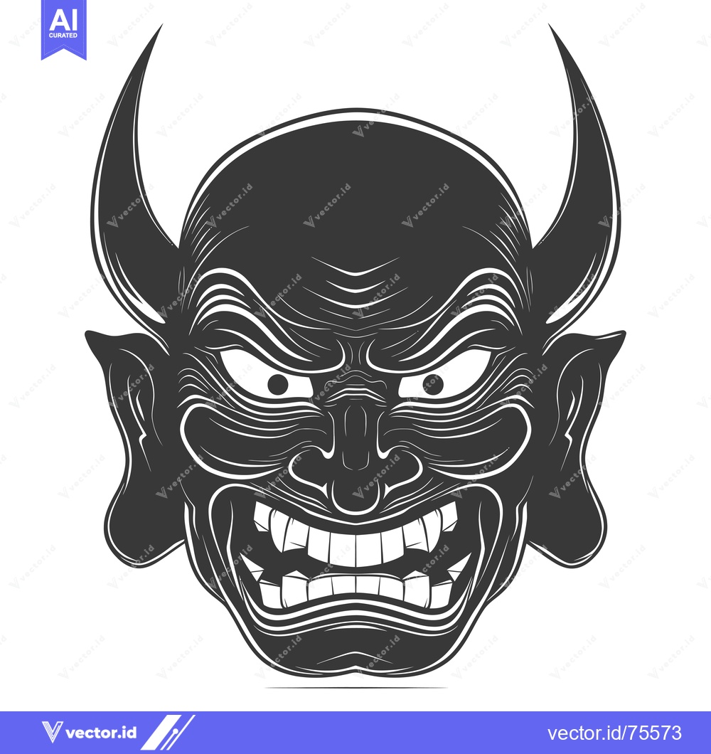 Premium Vector of Black and White Illustration of a Japanese Oni Demon Mask