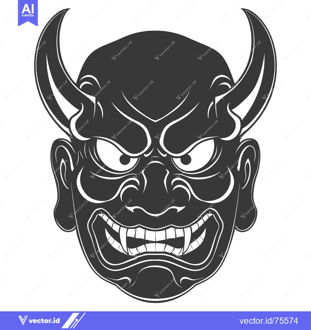Premium Vector dari A Detailed Illustration of a Japanese Oni Mask with Horns and Fangs
