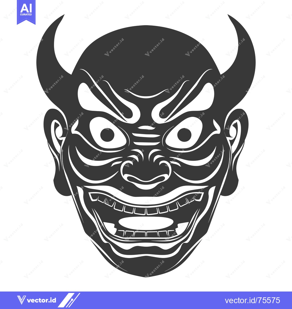 Premium Vector dari A Black and White Illustration of a Japanese Oni Mask with Horns