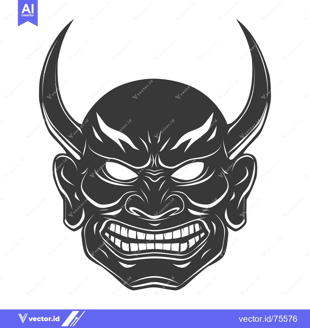 Premium Vector of A monochrome illustration of a fierce, snarling demonic mask with horn