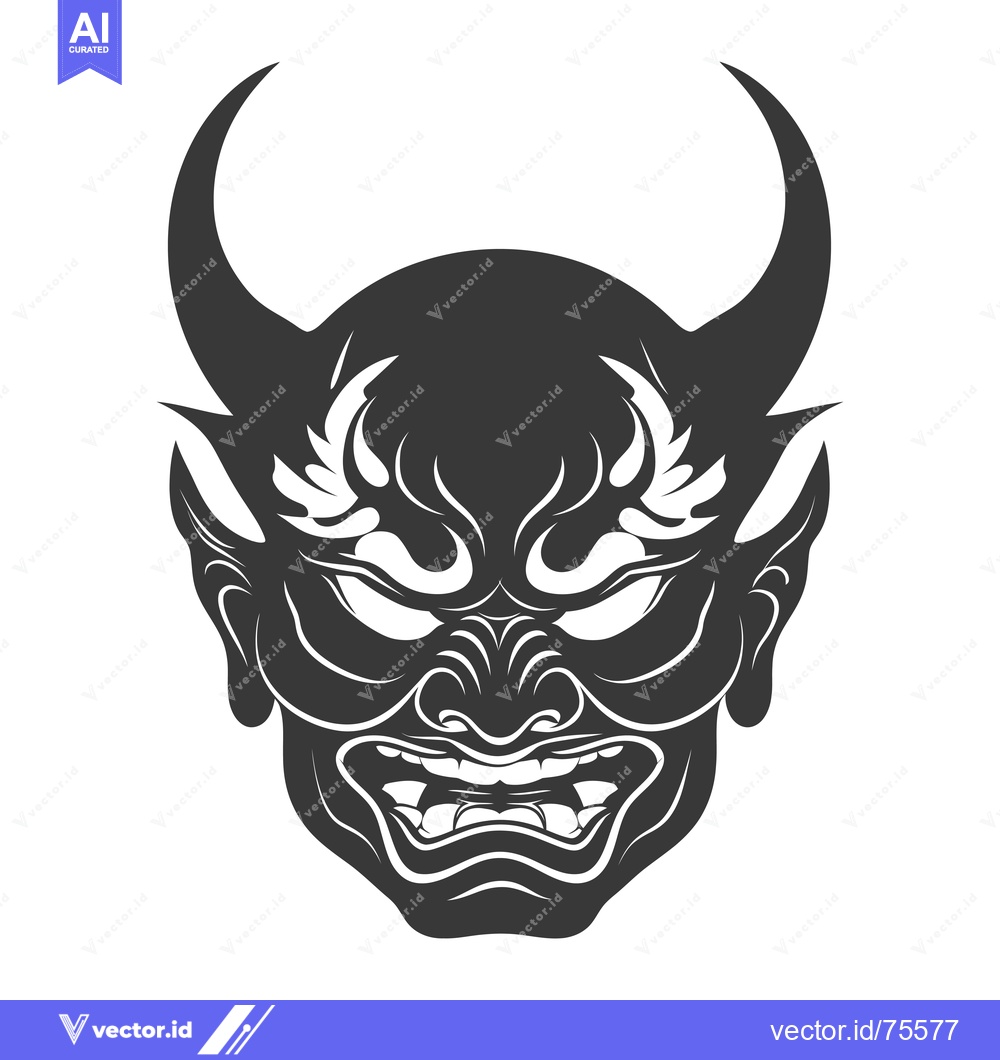 Premium Vector of Black and White Illustration of a Japanese Oni Demon Mask