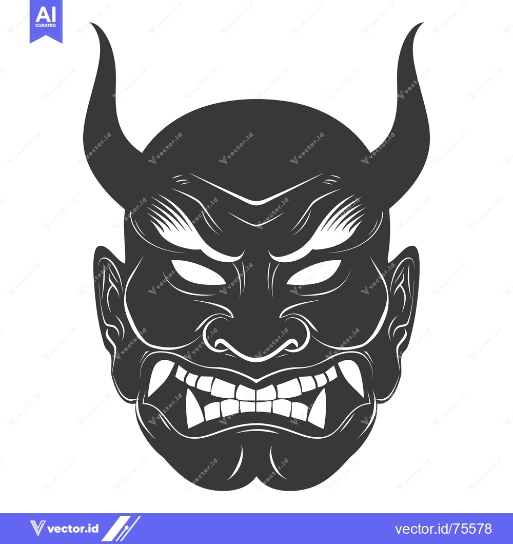 Premium Vector of Black and White Illustration of a Japanese Demon Mask