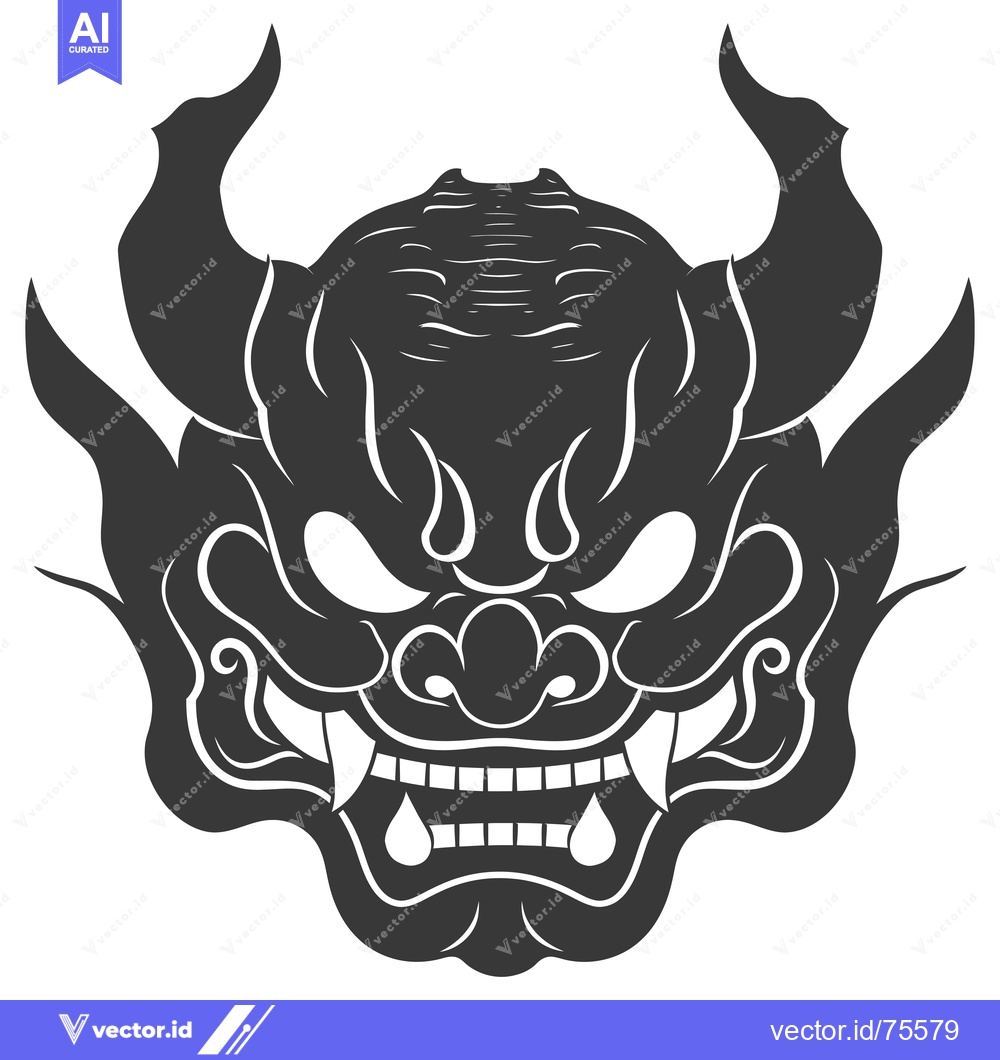 Premium Vector of Black and White Illustration of a Japanese Oni Mask