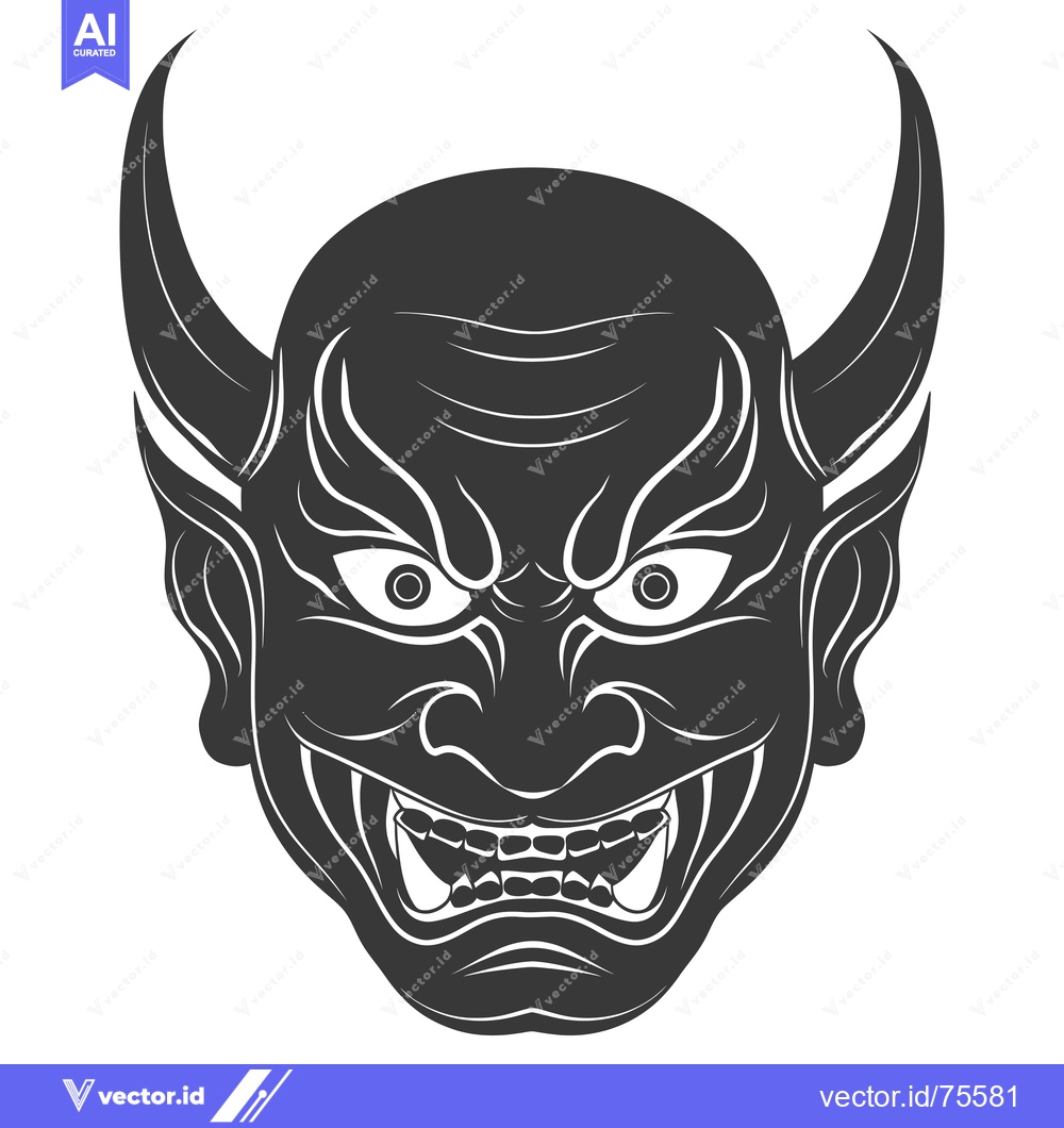 Premium Vector of Black and White Illustration of a Japanese Oni Mask with Fangs