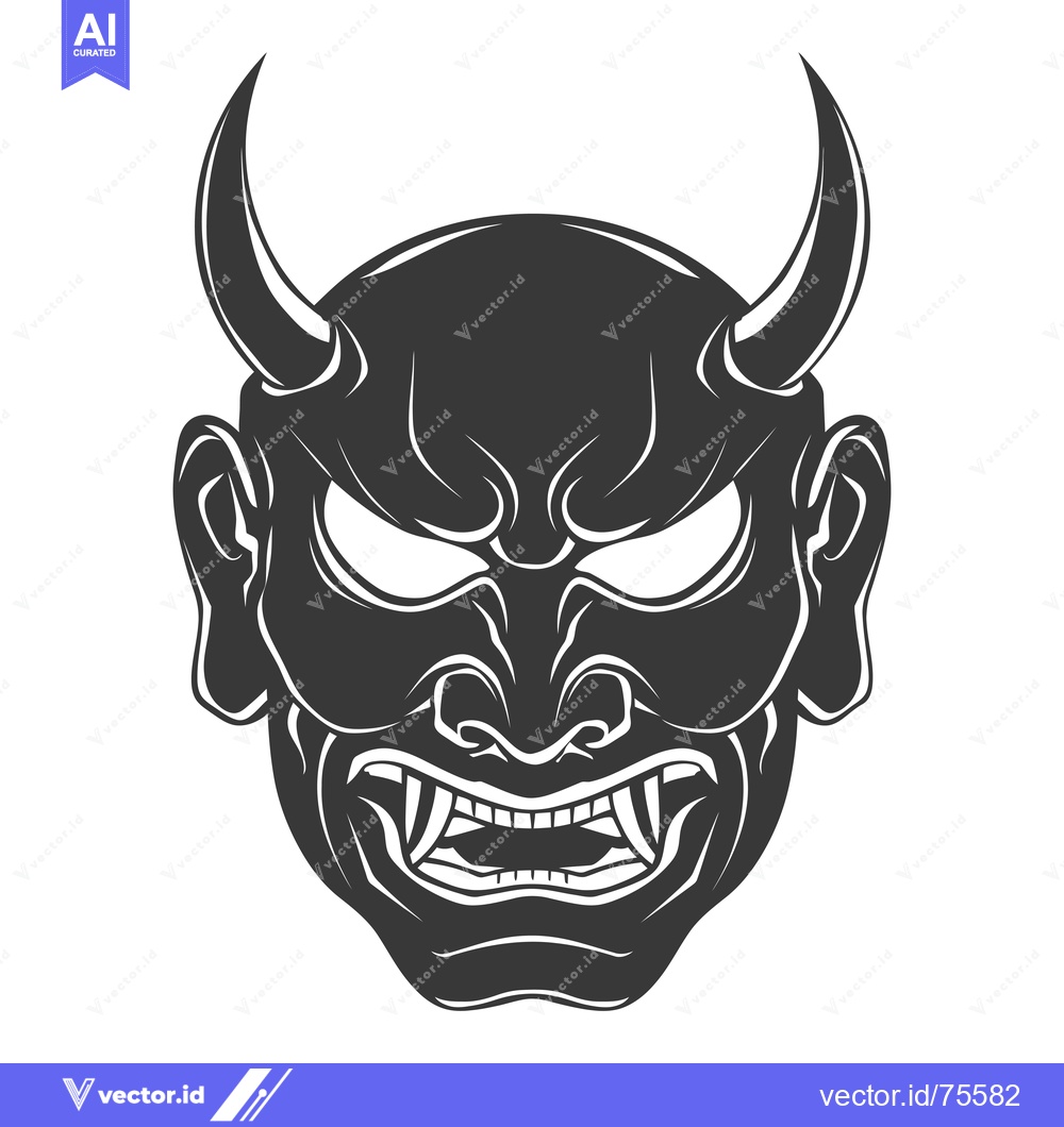 Premium Vector dari Black and White Illustration of a Japanese Oni Demon Mask with Horns