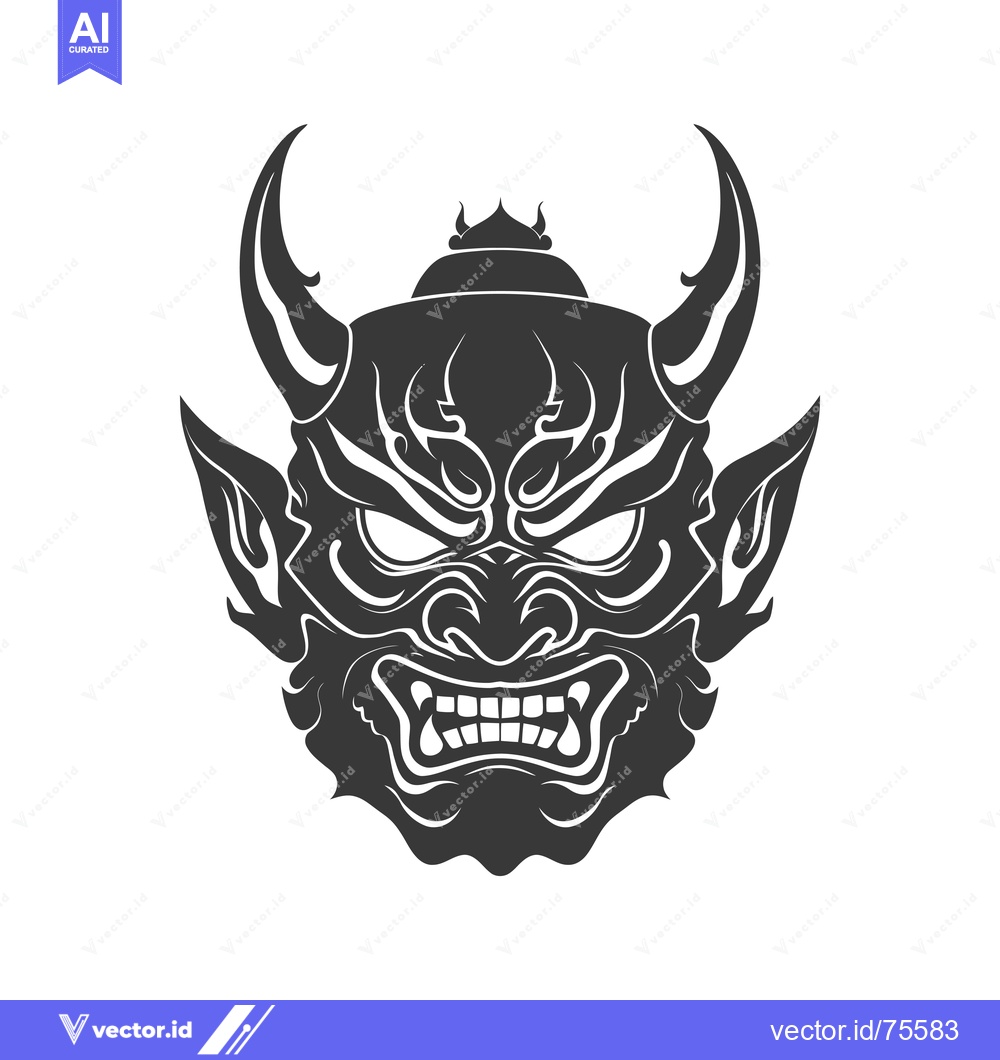 Premium Vector dari Black and White Illustration of an Oni Demon Mask with Horns