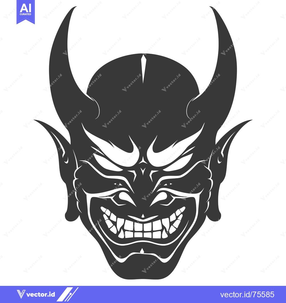 Premium Vector dari Black and white illustration of a demon's head with horns