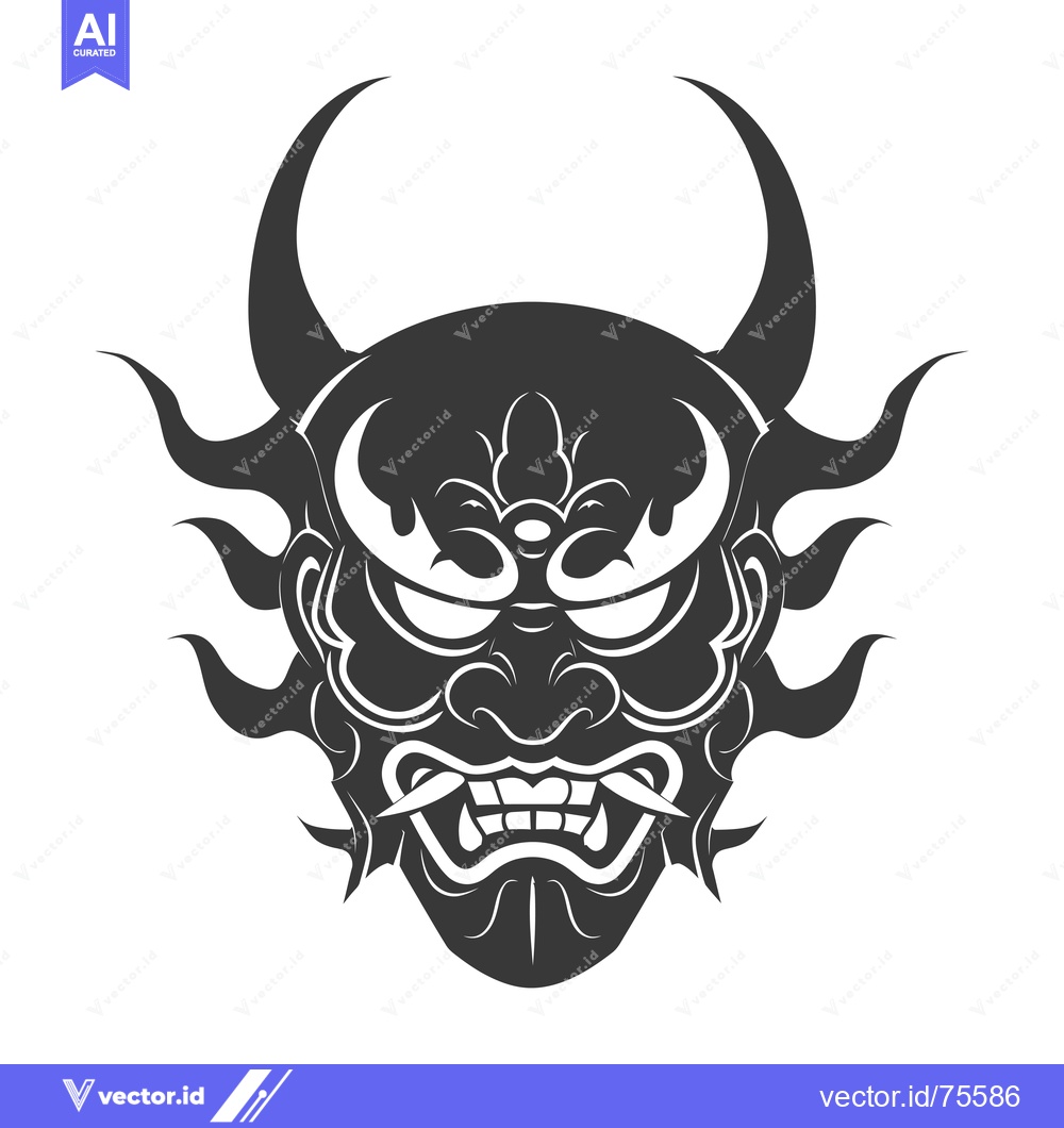 Premium Vector dari Detailed black and white illustration of a Japanese oni mask with horn
