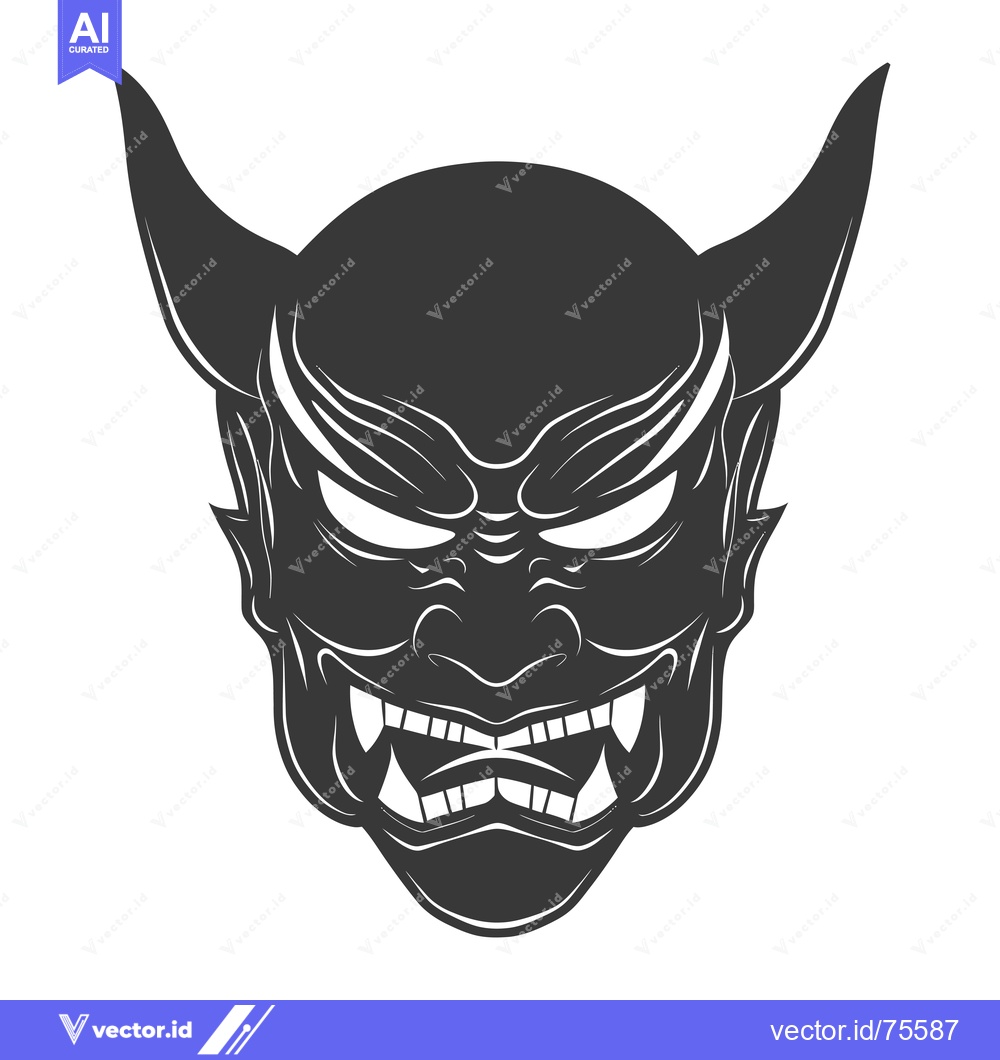 Premium Vector dari Black and White Illustration of a Japanese Demon Mask with Horns