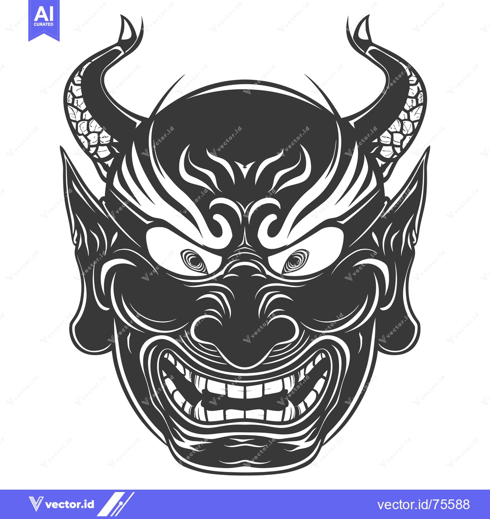 Premium Vector dari Black and White Illustration of a Japanese Oni Mask with Horns