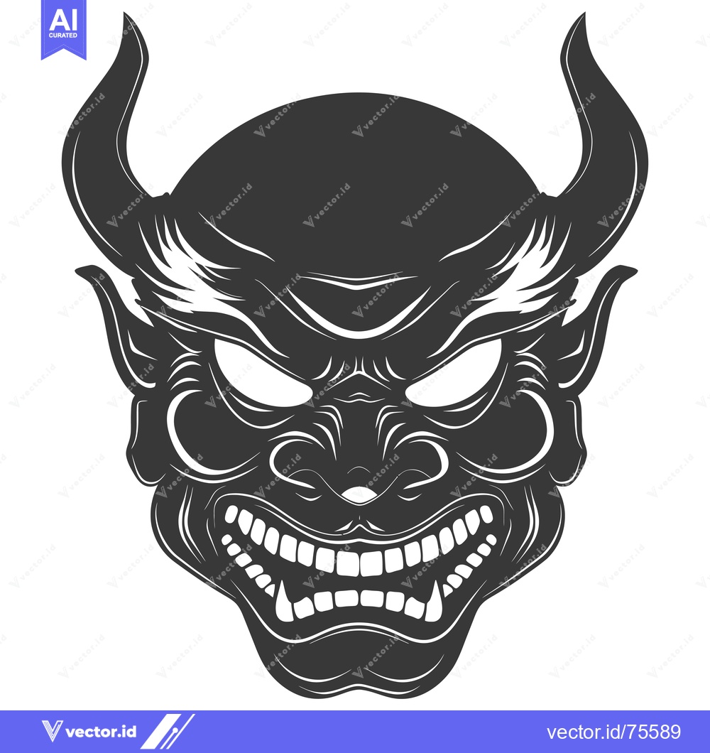 Premium Vector of Black and White Illustration of a Demon Mask with Horns