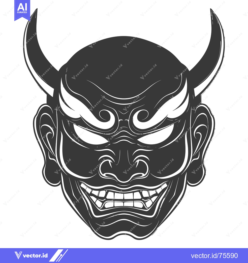 Premium Vector of A Black and White Illustration of a Traditional Japanese Oni Mask