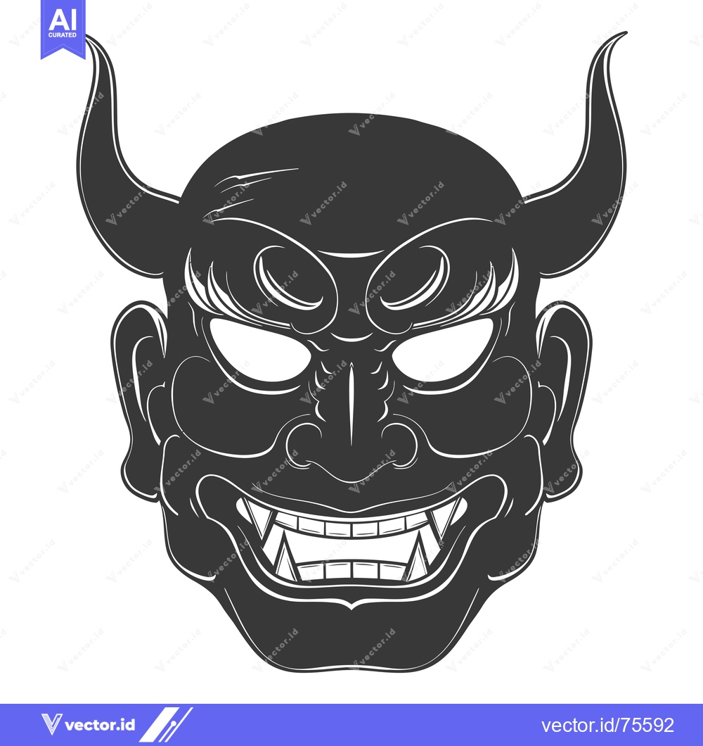 Premium Vector of Black and White Illustration of a Japanese Oni Mask with Horns