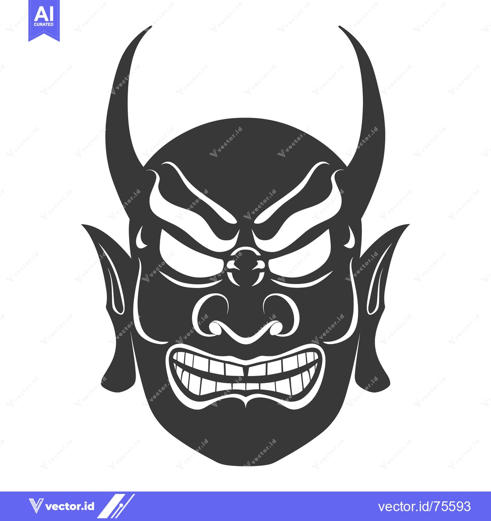Premium Vector of A menacing Japanese Oni mask with horns, a wide grin, and a third eye.