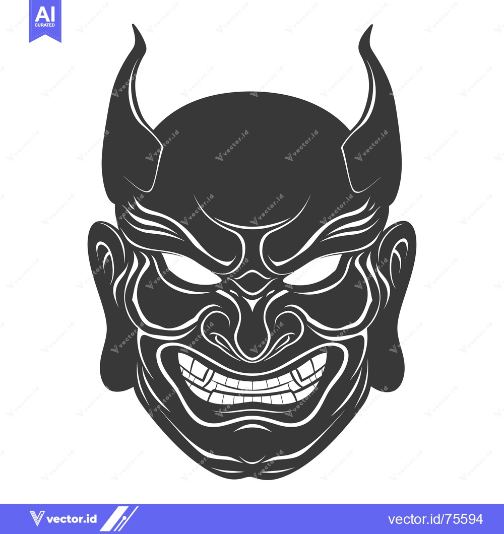 Premium Vector dari Black and white illustration of a menacing Japanese demon mask